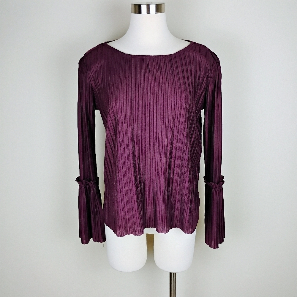 Marled Reunited Clothing Pleated Top Size XS Bell Sleeves Maroon Plisse Office